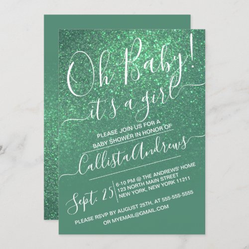 Mermaid Teal Sparkly Glitter Ombre Baby Shower Invitation