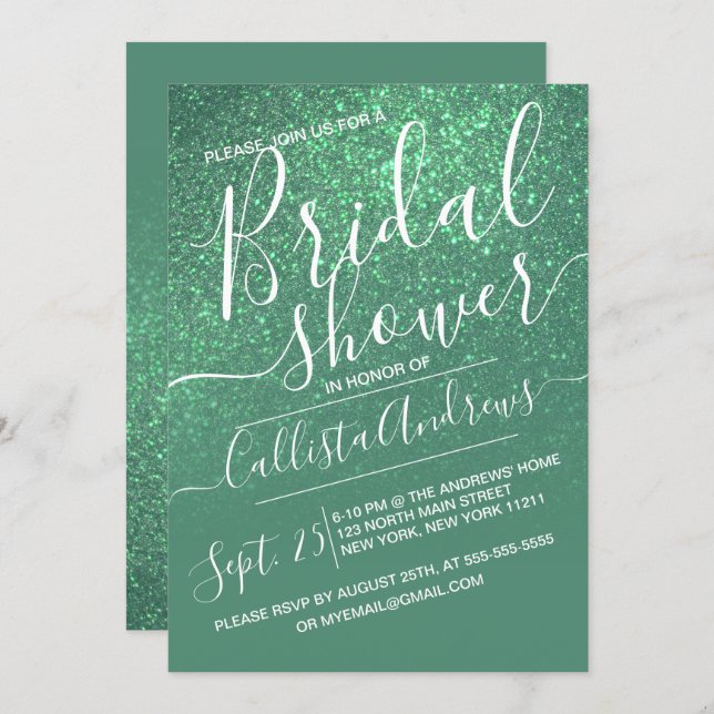 Mermaid Teal Sparkly Glitter Ombre Bridal Shower Invitation (Front/Back)