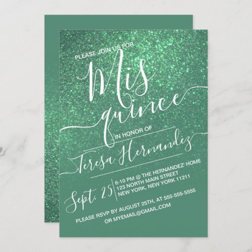 Mermaid Teal Sparkly Glitter Ombre Quinceaera Invitation