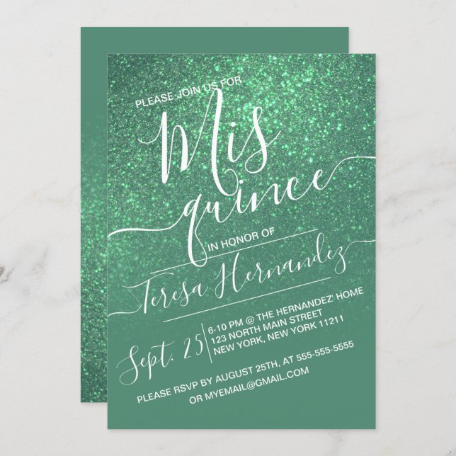 Mermaid Teal Sparkly Glitter Ombre Quinceañera Invitation (Front/Back)