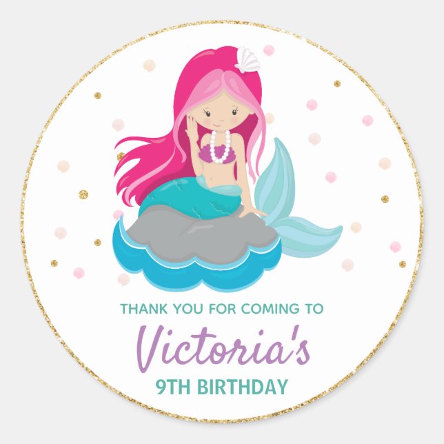 Mermaid Thank You Sticker Labels Birthday Favors (Front)