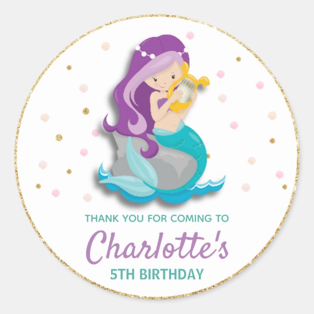 Mermaid Thank You Sticker Labels Birthday Favors (Front)