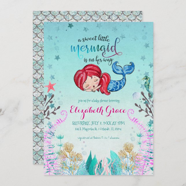 Mermaid Theme Baby Shower Invitation (Front/Back)
