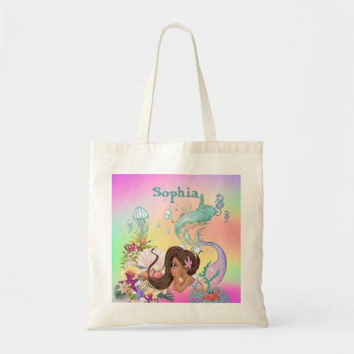 Mermaid Theme Cute Dark Hair Rainbow Tote Bag