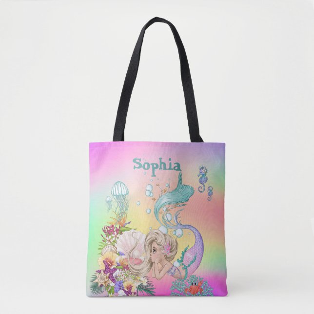 Mermaid Theme Cute Rainbow Tote Bag (Front)