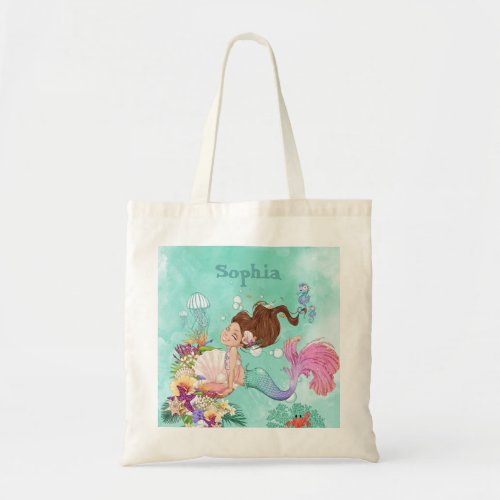 Mermaid Theme  Dark Hair Blue Cute Personal  Tote Bag