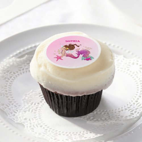 Mermaid Theme Dark Hair Pink Cute    Edible Frosting Rounds