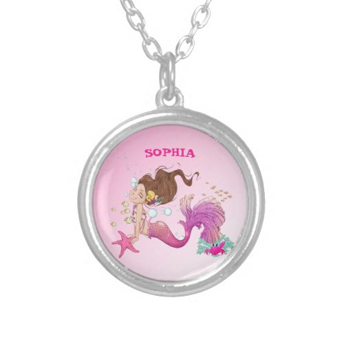 Mermaid Theme Dark Hair Pink Cute  Silver Plated Necklace