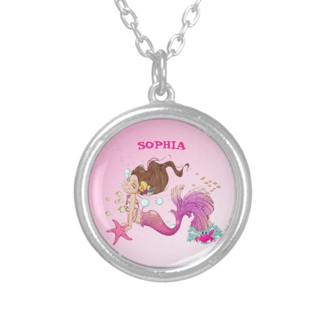 Mermaid Theme Dark Hair Pink Cute  Silver Plated Necklace (Front)