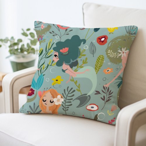 Mermaid Theme Decorative Pillow Whimsical Ocean  Throw Pillow