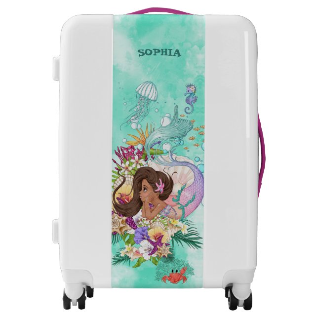 Mermaid Theme Green Pink Cute Luggage (Front)