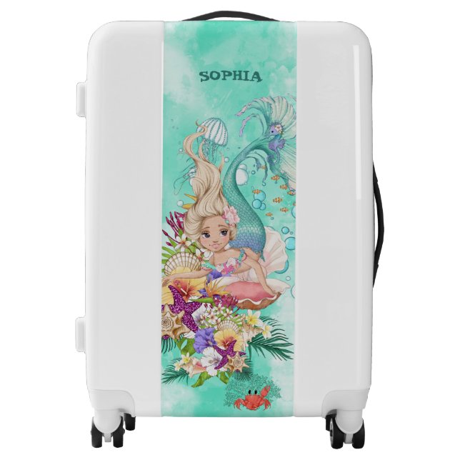 Mermaid Theme Green Pink Cute Luggage (Front)