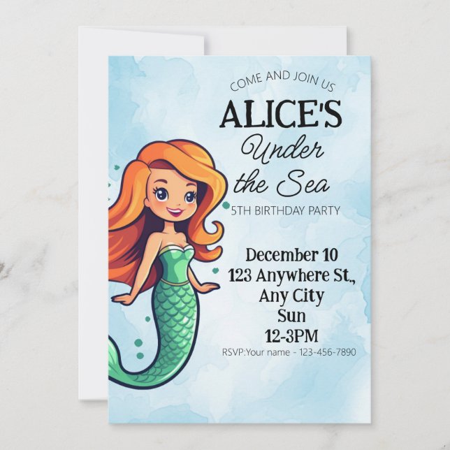 Mermaid Theme Kids Birthday Party Invitation (Front)