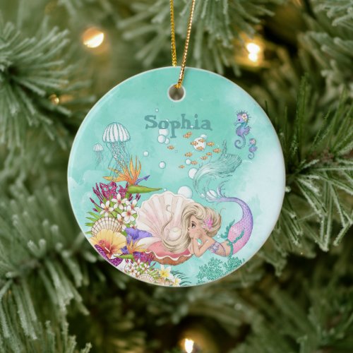 Mermaid Theme Pink Blue Cute Ceramic Ornament