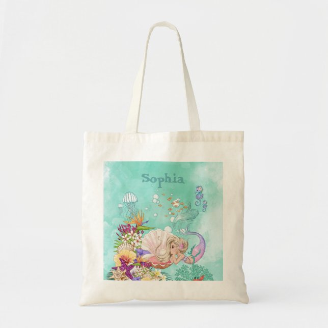 Mermaid Theme Pink Blue Cute Personal Tote Bag (Front)