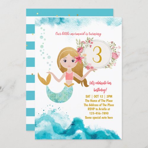 Mermaid Theme Under The Sea Baby Girl 3rd Birthday Invitation