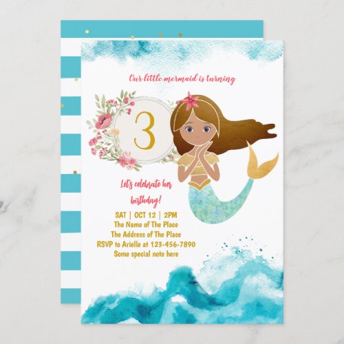 Mermaid Theme Under The Sea Baby Girl 3rd Birthday Invitation