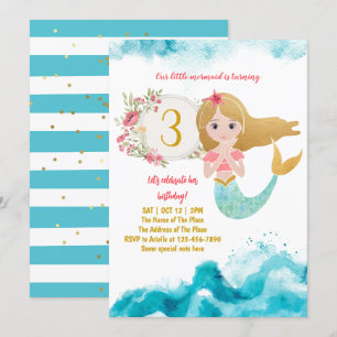 Mermaid Theme Under The Sea Baby Girl 3rd Birthday Invitation