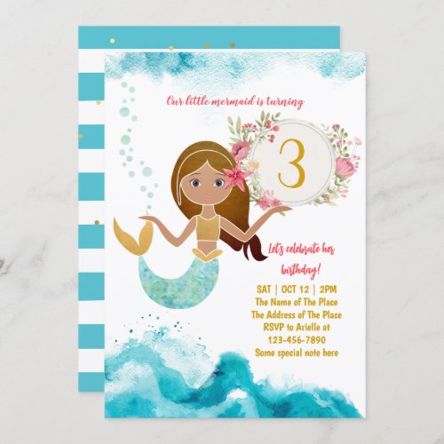 Mermaid Theme Under The Sea Baby Girl 3rd Birthday Invitation