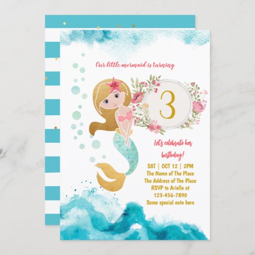 Mermaid Theme Under The Sea Baby Girl 3rd Birthday Invitation