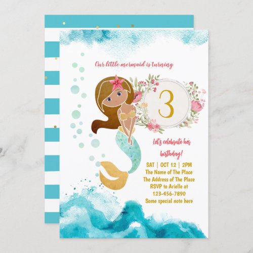 Mermaid Theme Under The Sea Baby Girl 3rd Birthday Invitation