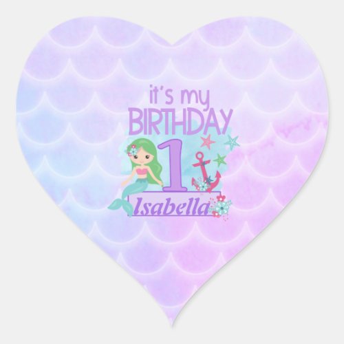  Mermaid themed 1st Birthday Heart Sticker