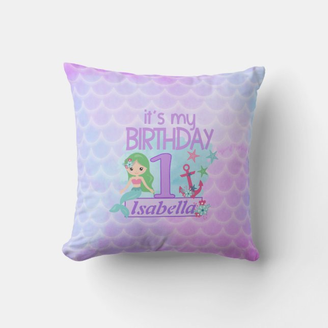 Mermaid themed 1st Birthday  Throw Pillow (Front)