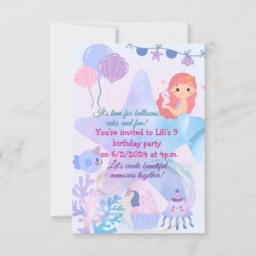 Mermaid Themed  Birthday Bash  Invitation