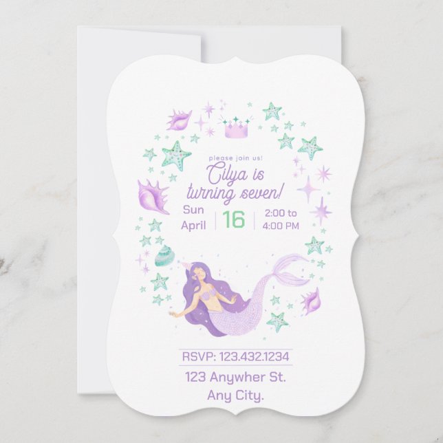 Mermaid-themed birthday invitation (Front)