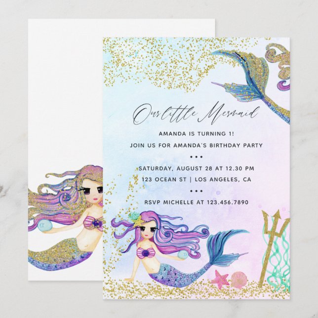 Mermaid themed Birthday Party Invitation (Front/Back)