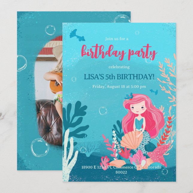 mermaid-themed birthday party invitation. invitation (Front/Back)
