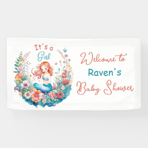 Mermaid Themed Floral Girls Baby Shower Banner