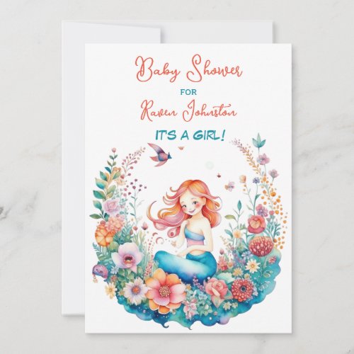 Mermaid Themed Floral Girls Baby Shower Invitation