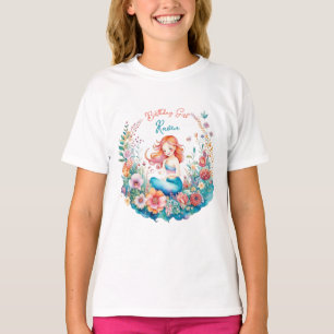 Mermaid Themed Floral Girl's Birthday Birl T-Shirt