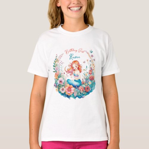 Mermaid Themed Floral Girls Birthday Birl T_Shirt