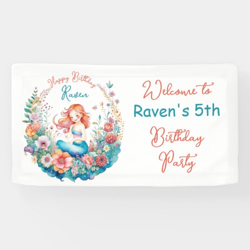 Mermaid Themed Floral Girls Birthday Party Banner