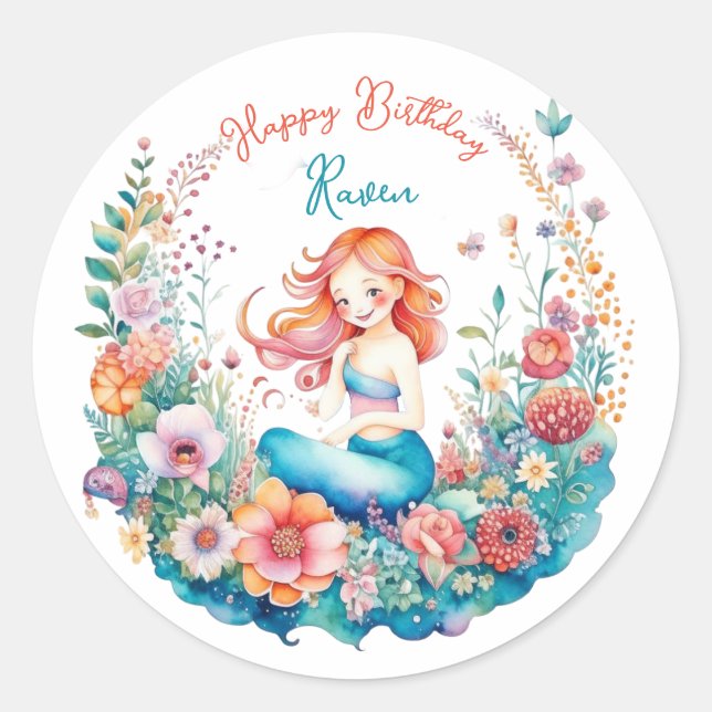 Mermaid Themed Floral Girl's Birthday Party Classic Round Sticker (Front)