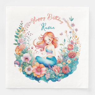 Mermaid Themed Floral Girl's Birthday Party Paper Dinner Napkins