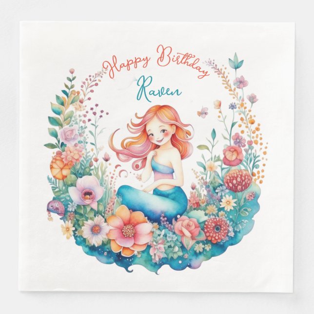 Mermaid Themed Floral Girl's Birthday Party Paper Dinner Napkins (Front)