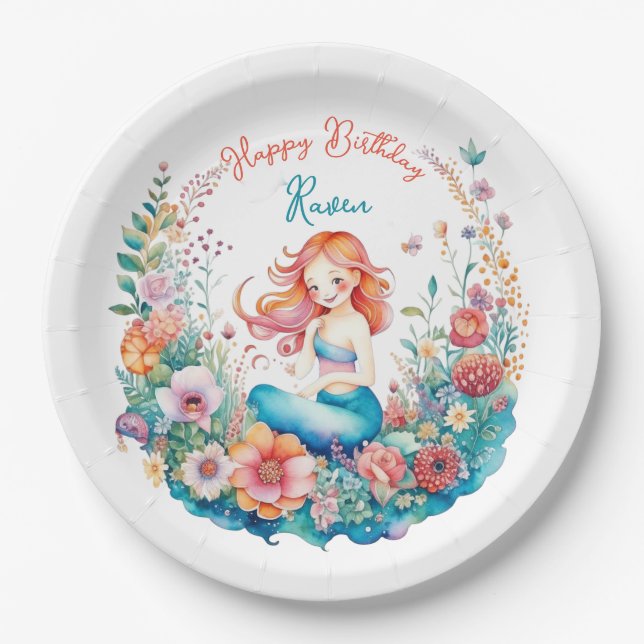 Mermaid Themed Floral Girl's Birthday Party Paper Plates (Front)
