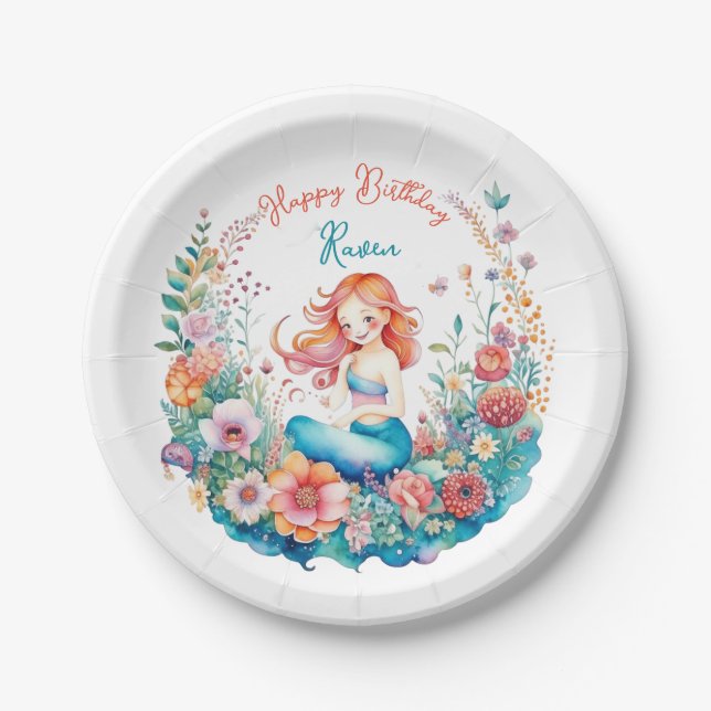 Mermaid Themed Floral Girl's Birthday Party Paper Plates (Front)