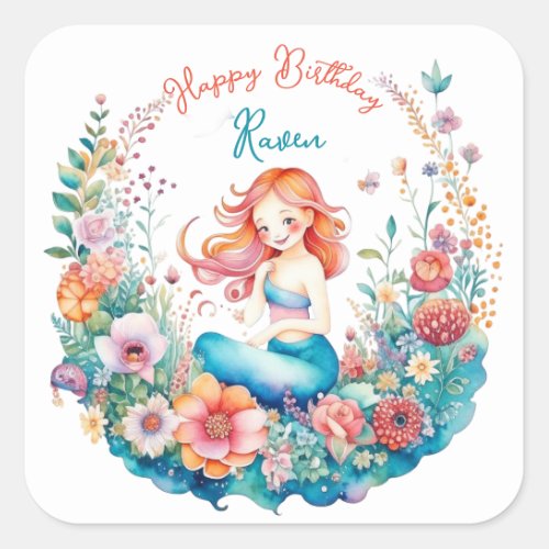 Mermaid Themed Floral Girls Birthday Party Square Sticker