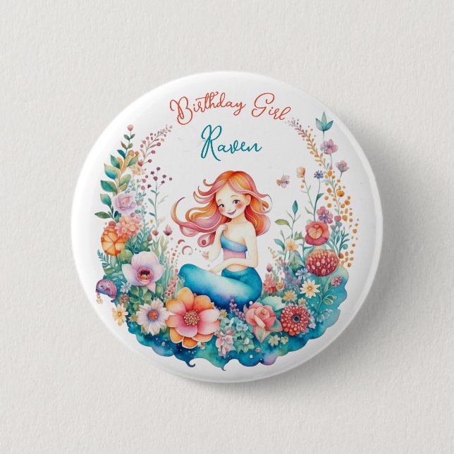 Mermaid Themed Girl's Birthday Girl Button (Front)