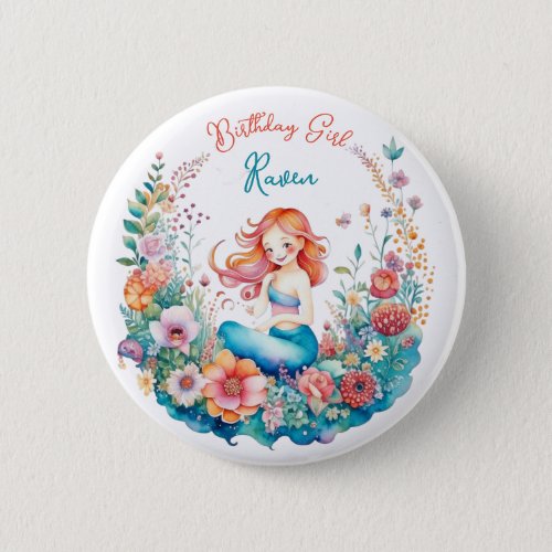 Mermaid Themed Girls Birthday Girl Button