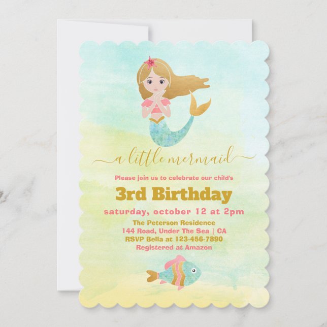Mermaid Themed Party 3rd Birthday Invitation (Front)