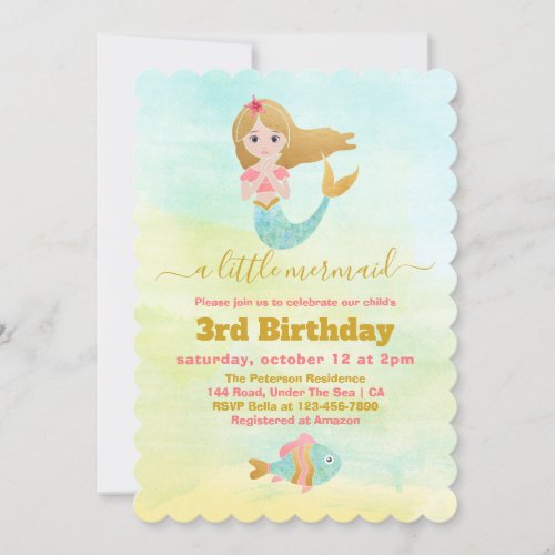 Mermaid Themed Party 3rd Birthday Invitation