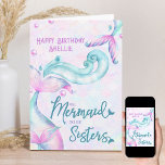 Mermaid to Be Sisters Personalized Sister Birthday Card<br><div class="desc">Personalized mermaid birthday card for your sister or special girl friend, lettered with "Happy Birthday [name] .. We mermaid to be sisters". Watercolor design with mermaid tails and fantasy ocean waves, mermaid scales and mermaid themed typography. Fun birthday card which you can customize with a name on the front and...</div>