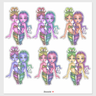 mermaid twin sisters original art drawing fantasy sticker