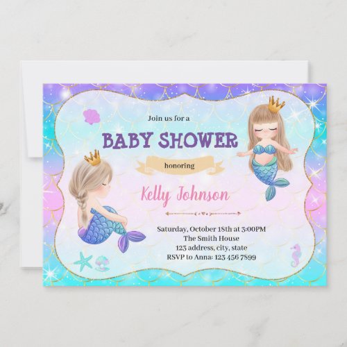 Mermaid twins baby shower invitation