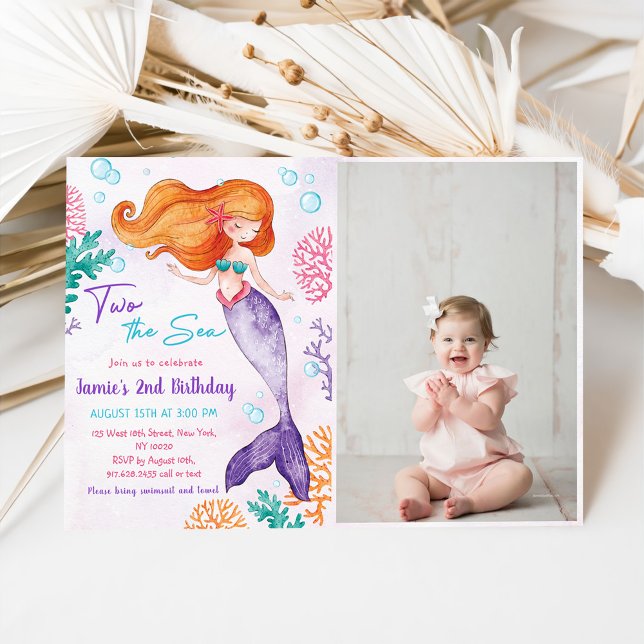 Mermaid Two The Sea 2nd Birthday Party Photo Invitation (Creator Uploaded)